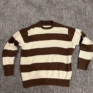 Classic Brandi Melville Brown and Cream Striped Crewneck Sweater